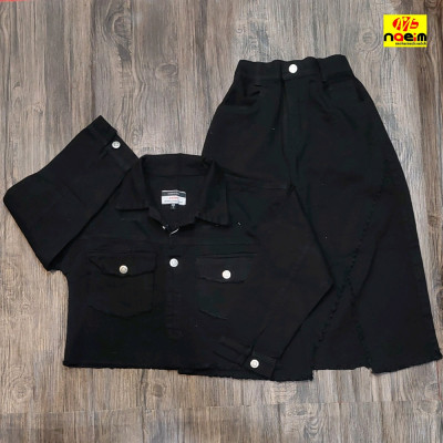 ست دو تیکه کتان مشکی کت و دامن کت کوتاه دامن میدی زاپ دار سنین 10تا15