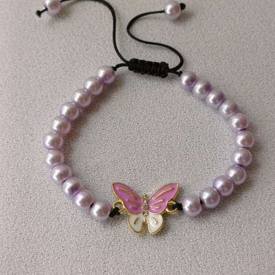 دستبند مرواریدی زنانه بنفش با پروانه نگین دار