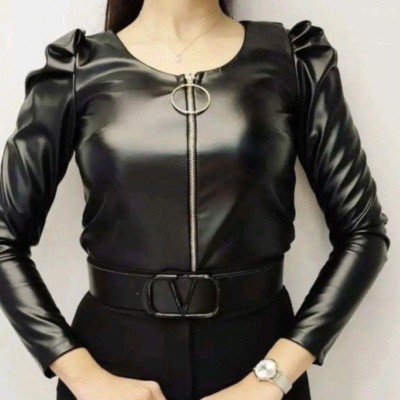 نیم تنه زیپی آستین دار  چرم تک رنگ مشگی