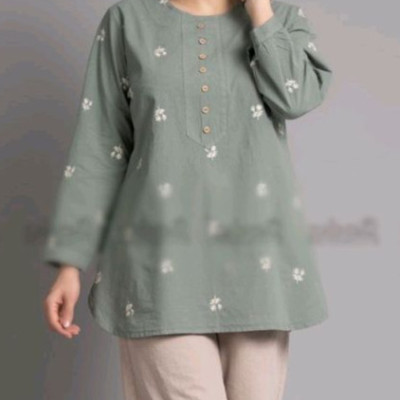 شومیز (تونیک) الیاف طبیعی پنبه (نخ رینگ) سبز و آبی با گلدوزی