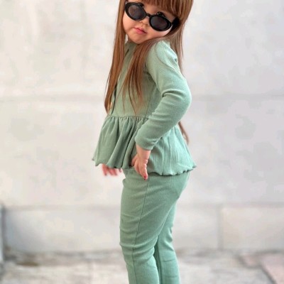 ست کراپ شلوار استین دار کبریتی دخترانه