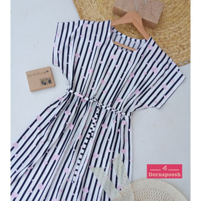 پیراهن روزمره زنانه نخی مدل آستین افتاده کمر بند دار