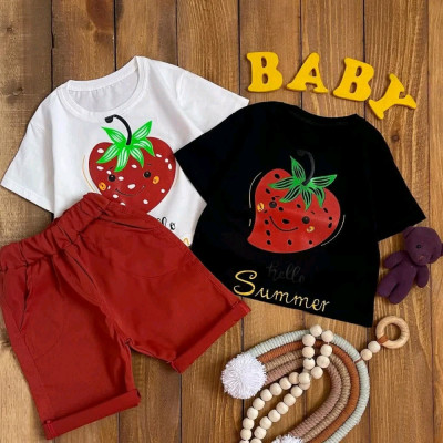 کراپ و شلوارک دخترانه طرح توت فرنگی سایز 40 تا 55