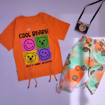 تیشرت و شلوارک دخترانه طرح استیکر آبرنگی سایز 50/55