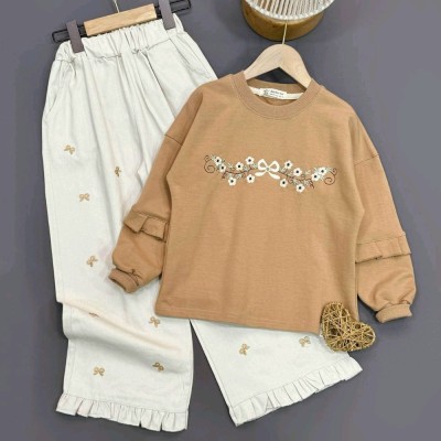 کراپ شلوار دخترانه گلدوزی پاپیون