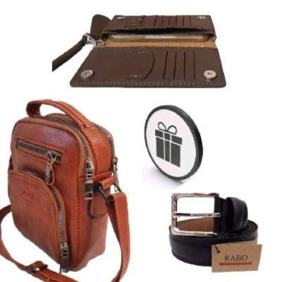 ست هدیه مردانه 4 تیکه شامل کیف دوشی کیف موبایل کمربند جاکلیدی با کیفیت