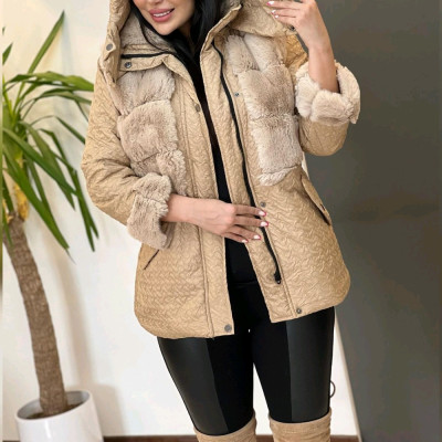 کاپشن زنانه کلاه دار ترکیب با پوست جلو زیپ دکمه فلزی-143402