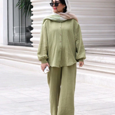 مانتو شلوار زنانه لنین مدل ست شومیز شلوار دبل فیس