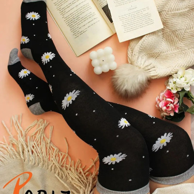 جوراب زنانه ساق بلند بالای زانو طرح گل بابونه-133187