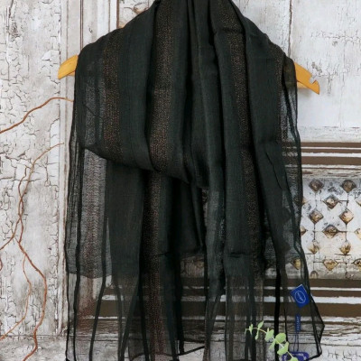 شال نخی مجلسی مشکی لمه راه راه دستک ویسکوز سبک و لطیف وارداتی-134447