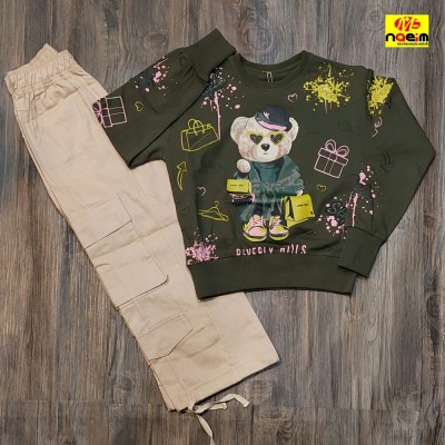 ست بلوز شلوار اسپرت دخترانه شلوار کارگو بلوز طرح خرس سایز 50 و 55