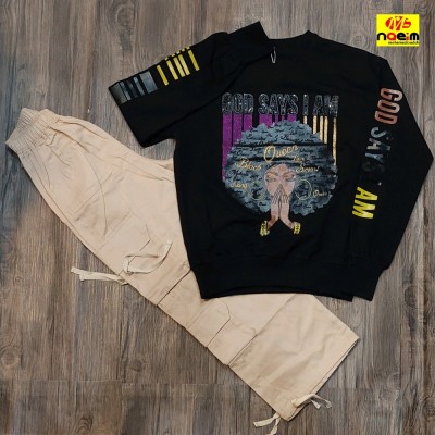 ست بلوز و شلوار اسپرت دخترانه شلوار کارگو بلوز طرح موی فر سایز 60 و 65