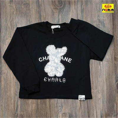 کراپ دخترانه اسپرت 2نخ پنبه طرح خرسی و پولک دار سایز 55 تا 65