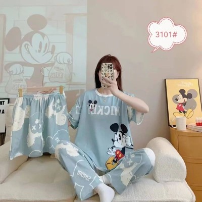 ست بلوز و شلوار و شورتک سه تکه کره ای طرح میکی موس آبی کد 091