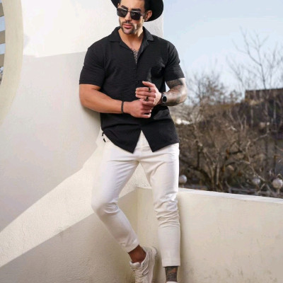 پیراهن آستین کوتاه مردانه پارچه بیسکوییتی میله ای درجه یک ارجینال ترک