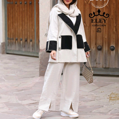 مانتو کتی زنانه لنین مدل مانتو کتی لینن نچرال پارچه ترک مدل جیب و آستین مشکی (ترکیب لینن و مخمل