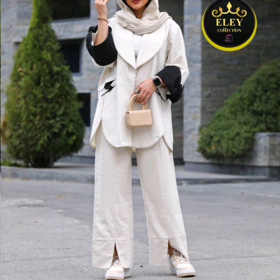 مانتو کتی زنانه لینن نچرال ترک مدل جیب دار طرح گره و آستین جیر مخمل