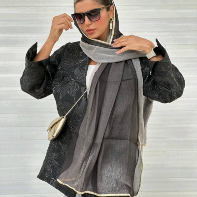 شال حریر دو لایه مجلسی وارداتی دور گان دوزی رنگ مشکی (دارای ایراد)