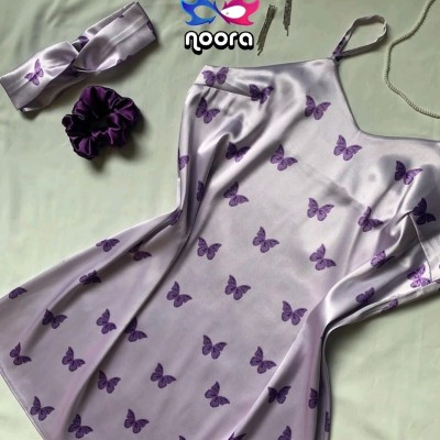 پیراهن ساتن ابریشم طرح پروانه یاسی